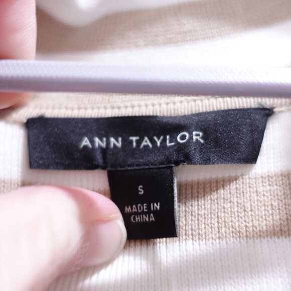 NWT Ann Taylor Cardigan Sweater Sz S Tan Cream Striped Knit Open Front Collared - Picture 6 of 12